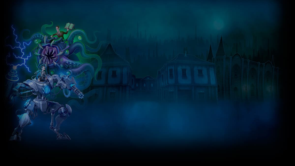 Tesla vs Lovecraft title art background